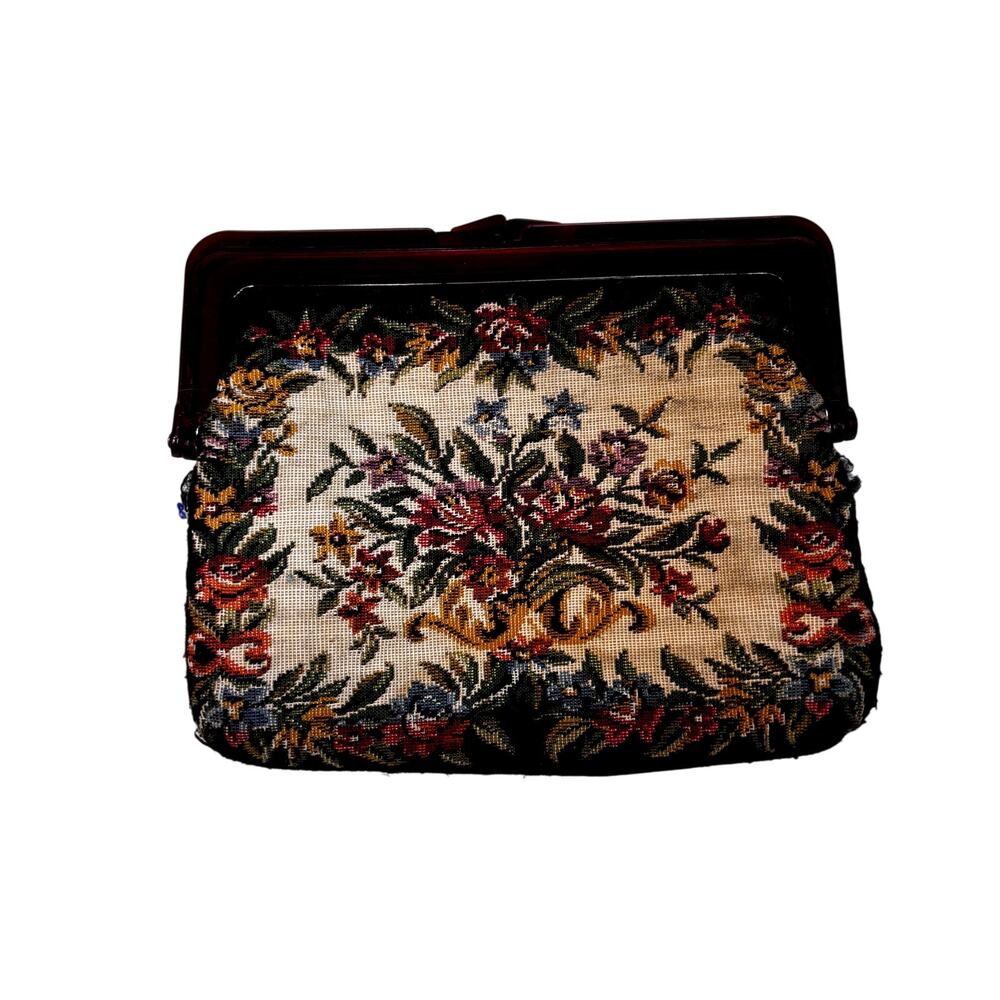 Vintage 1950s Tapestry Clutch Purse Black Floral Lucite Kiss Lock Wounded Bird